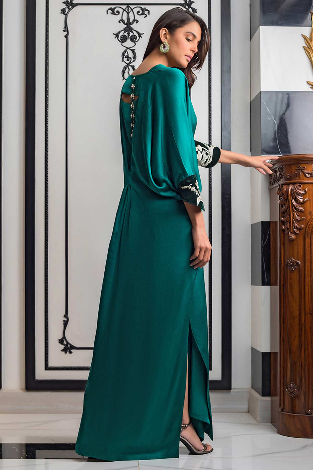 TEAL CHARMEUSE KAFTAN - Sania Maskatiya