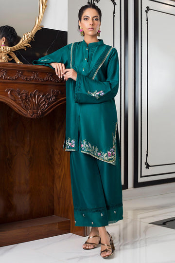 TEAL RAW SILK FRONT OPEN KURTA - Sania Maskatiya