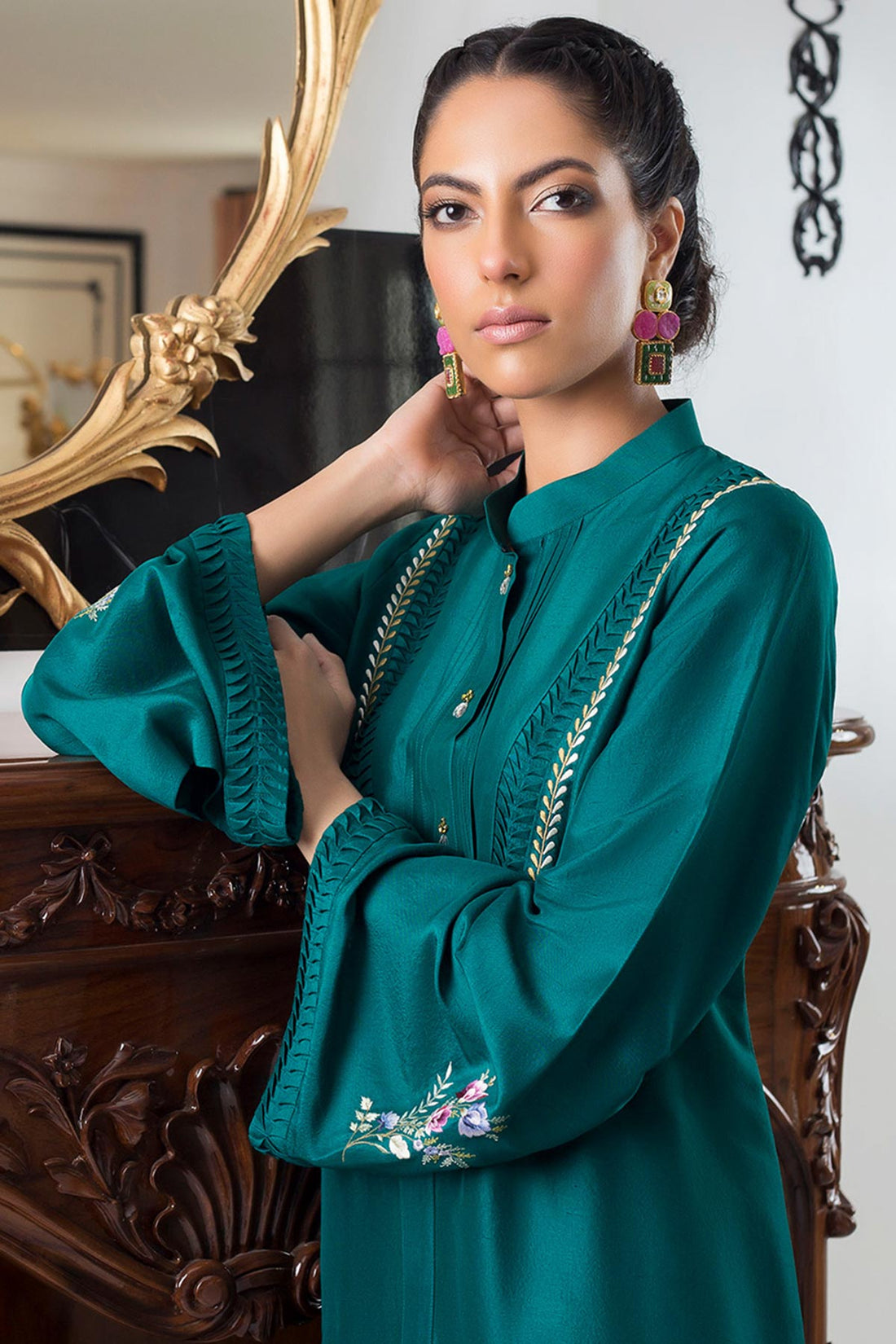 TEAL RAW SILK FRONT OPEN KURTA - Sania Maskatiya