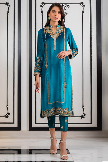 TEAL VELVET KURTA - Sania Maskatiya