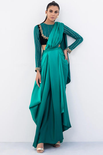 TURQUOISE CHARMEUSE SAREE - Sania Maskatiya