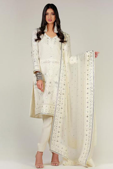 WHITE DORI HAND EMBROIDERED KALI KURTA - Rizwan Beyg