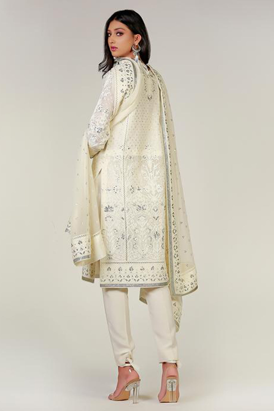 WHITE DORI HAND EMBROIDERED KALI KURTA - Rizwan Beyg