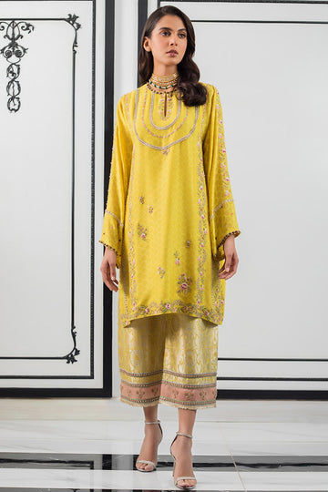 YELLOW COTTON NET KURTA - Sania Maskatiya