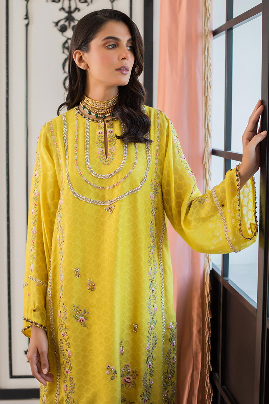 YELLOW COTTON NET KURTA - Sania Maskatiya