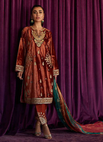 MAE BURNT ORANGE SHIRT AND DUPATTA - Velvet Stardust by Farah Talib Aziz