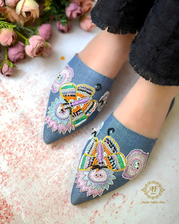 Denim Butterfly Mules in Patels - Anabia Fabiha