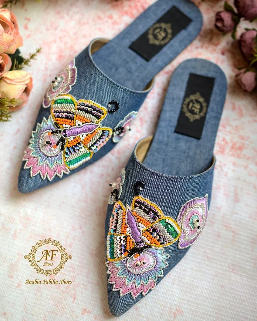 Denim Butterfly Mules in Patels - Anabia Fabiha